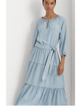Lauren Ralph Lauren Womens Sz 14 Tiered Light Wash Chambray Maxi Dress Flaw READ